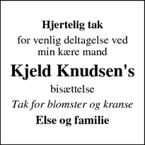 Dødsannoncen for Kjeld Knudsen's  - Aabenraa