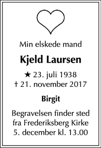Dødsannoncen for Kjeld Laursen - Frederiksberg