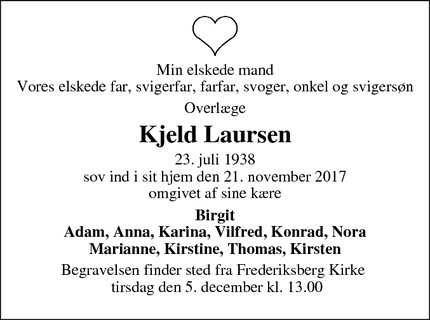 Dødsannoncen for Kjeld Laursen - Frederiksberg