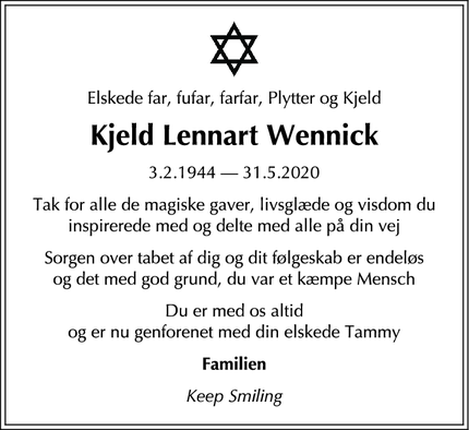 Dødsannoncen for Kjeld Lennart Wennick - København 