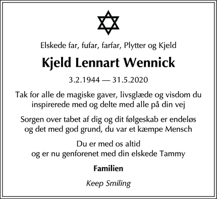 Dødsannoncen for Kjeld Lennart Wennick - København