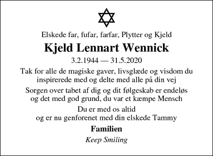 Dødsannoncen for Kjeld Lennart Wennick - København