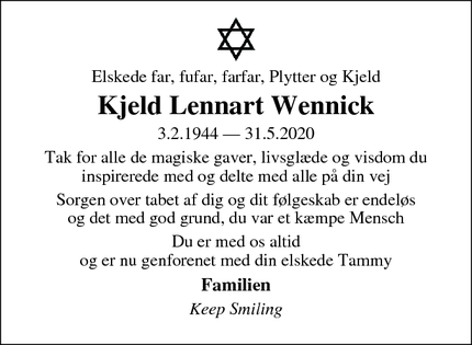 Dødsannoncen for Kjeld Lennart Wennick - København 