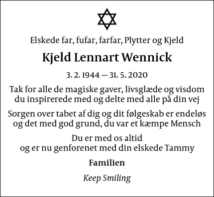 Dødsannoncen for Kjeld Lennart Wennick - København 