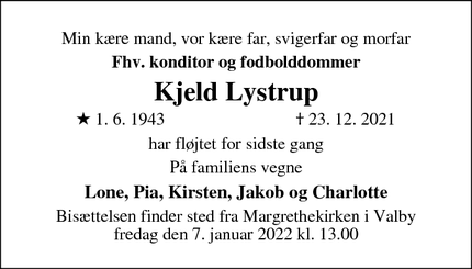 Dødsannoncen for Kjeld Lystrup - Odense SØ