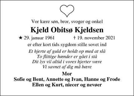 Dødsannoncen for Kjeld Obitsø Kjeldsen - Aulum