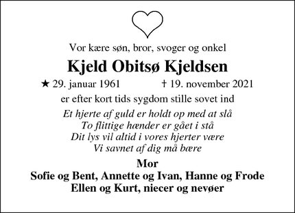 Dødsannoncen for Kjeld Obitsø Kjeldsen - Aulum