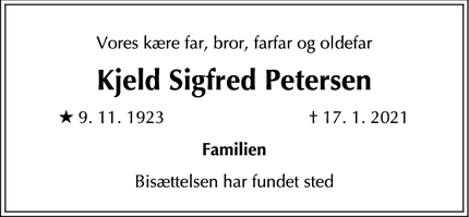Dødsannoncen for Kjeld Sigfred Petersen - Taastrup