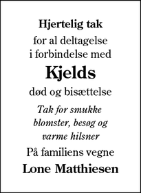 Dødsannoncen for Kjelds - Sønderborg