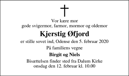 Dødsannoncen for Kjerstig Øfjord - Odense