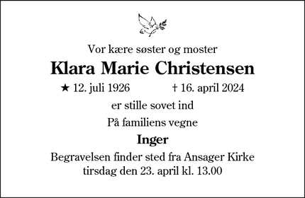 Dødsannoncen for Klara Marie Christensen - Ansager