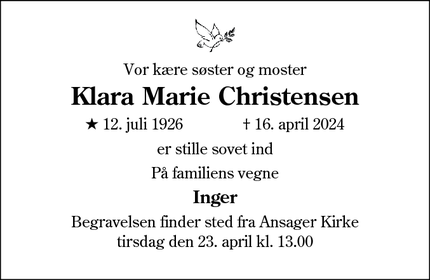 Dødsannoncen for Klara Marie Christensen - Ansager