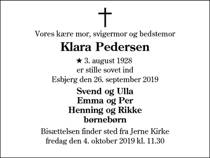 Dødsannoncen for Klara Pedersen - Esbjerg V