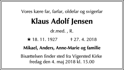 Dødsannoncen for Klaus Adolf Jensen - Sverige