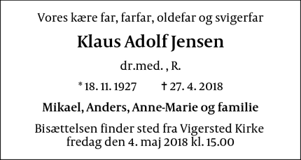 Dødsannoncen for Klaus Adolf Jensen - Sverige