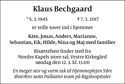 Dødsannoncen for Klaus Bechgaard - København
