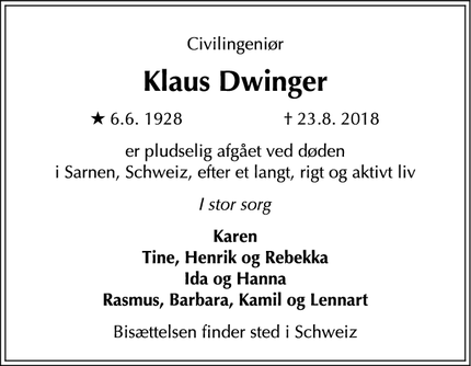 Dødsannoncen for Klaus Dwinger - Sachseln, Schweiz
