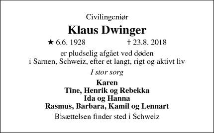 Dødsannoncen for Klaus Dwinger - Sachseln, Schweiz
