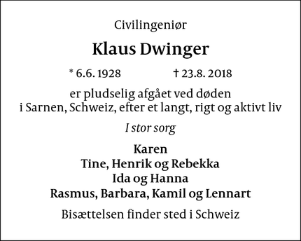 Dødsannoncen for Klaus Dwinger - Sachseln, Schweiz