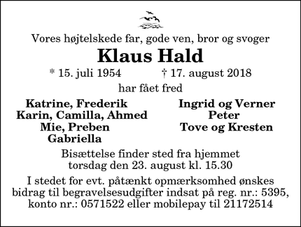 Dødsannoncen for Klaus Hald - Karby
