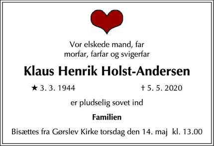 Dødsannoncen for Klaus Henrik Holst-Andersen - Gentofte