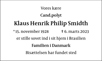 Dødsannoncen for Klaus Henrik Philip Smidth - Salvador