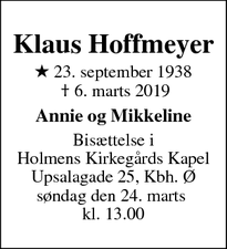 Dødsannoncen for Klaus Hoffmeyer - København S