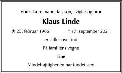 Dødsannoncen for Klaus Linde - Bagsværd