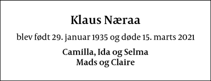 Dødsannoncen for Klaus Næraa - Charlottenlund