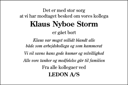 Dødsannoncen for Klaus Nyboe Storm - Gram