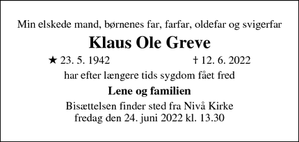 Dødsannoncen for Klaus Ole Greve - Kokkedal