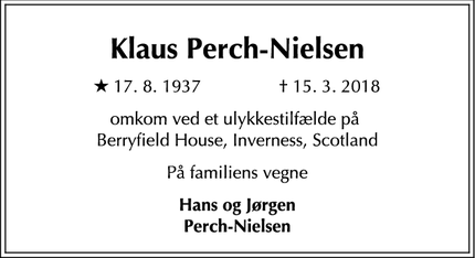 Dødsannoncen for Klaus Perch-Nielsen - Inverness 