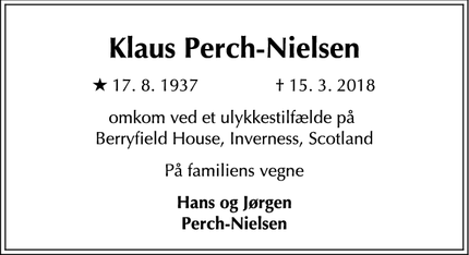 Dødsannoncen for Klaus Perch-Nielsen - Inverness
