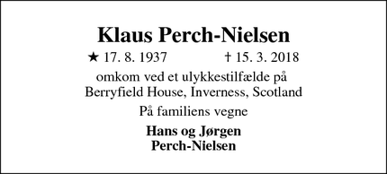 Dødsannoncen for Klaus Perch-Nielsen - Inverness 