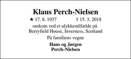 Dødsannoncen for Klaus Perch-Nielsen - Inverness