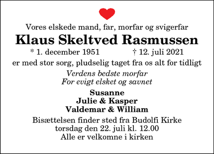 Dødsannoncen for Klaus Skeltved Rasmussen - Aalborg