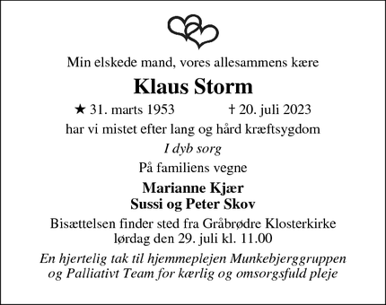 Dødsannoncen for Klaus Storm - odense 