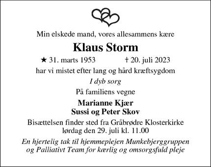 Dødsannoncen for Klaus Storm - odense