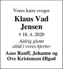 Dødsannoncen for Klaus Vad Jensen - Ølgod