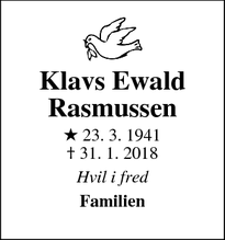 Dødsannoncen for Klavs Ewald Rasmussen - Randers