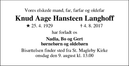 Dødsannoncen for Knud Aage Hansteen Langhoff - Dragør