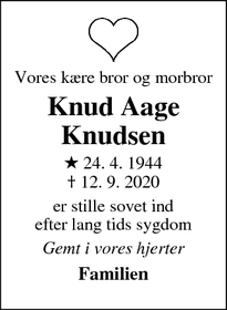 Dødsannoncen for Knud Aage Knudsen - Skive