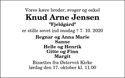 Dødsannoncen for Knud Arne Jensen - Østervrå