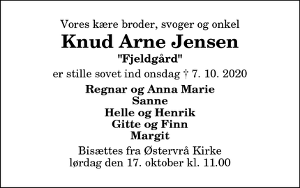 Dødsannoncen for Knud Arne Jensen - Østervrå