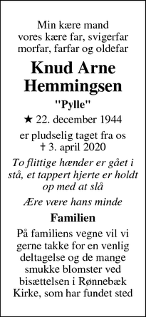 Dødsannoncen for Knud Arne
Hemmingsen - Næstved