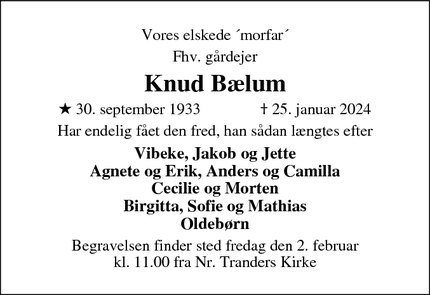Dødsannoncen for Knud Bælum - Nr. Tranders