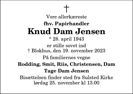Dødsannoncen for Knud Dam Jensen - Vestbjerg