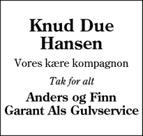 Dødsannoncen for Knud Due Hansen - Sønderborg