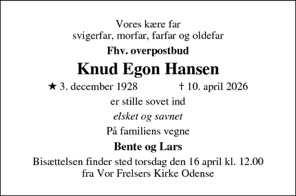Dødsannoncen for Knud Egon Hansen - Odense