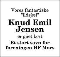 Dødsannoncen for Knud Emil
Jensen - Nykøbing Mors